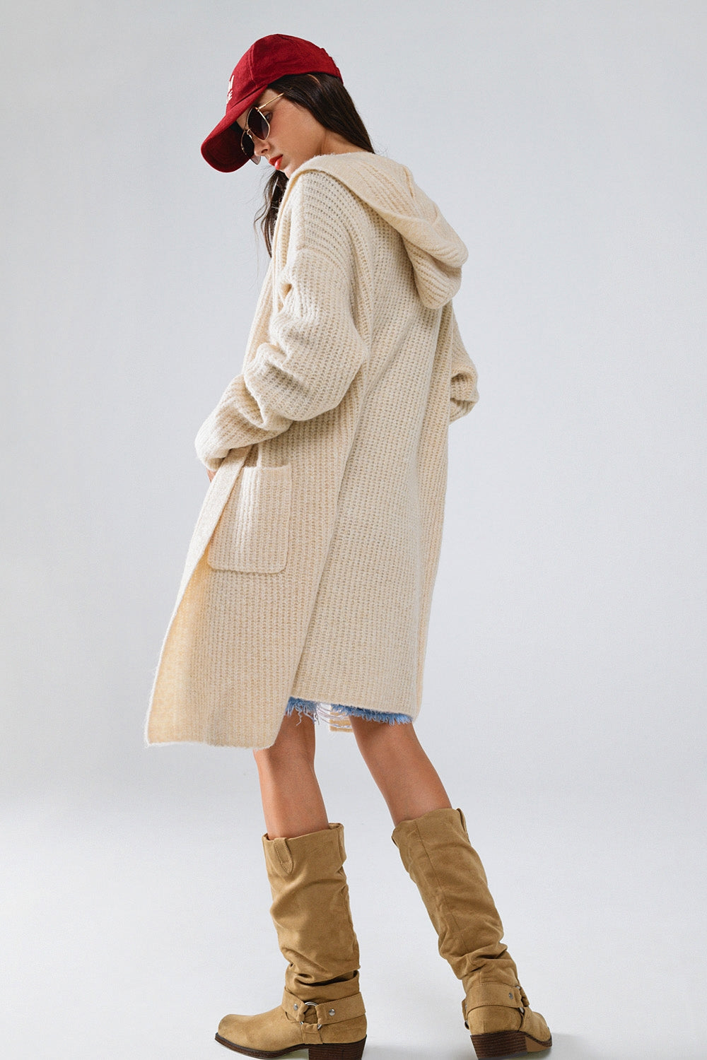 Long Ribbed Cardigan With Pockes and Hood in Cream