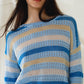 Q2 Long Sleeve Blue Multicolored Sweater With Boat Neck