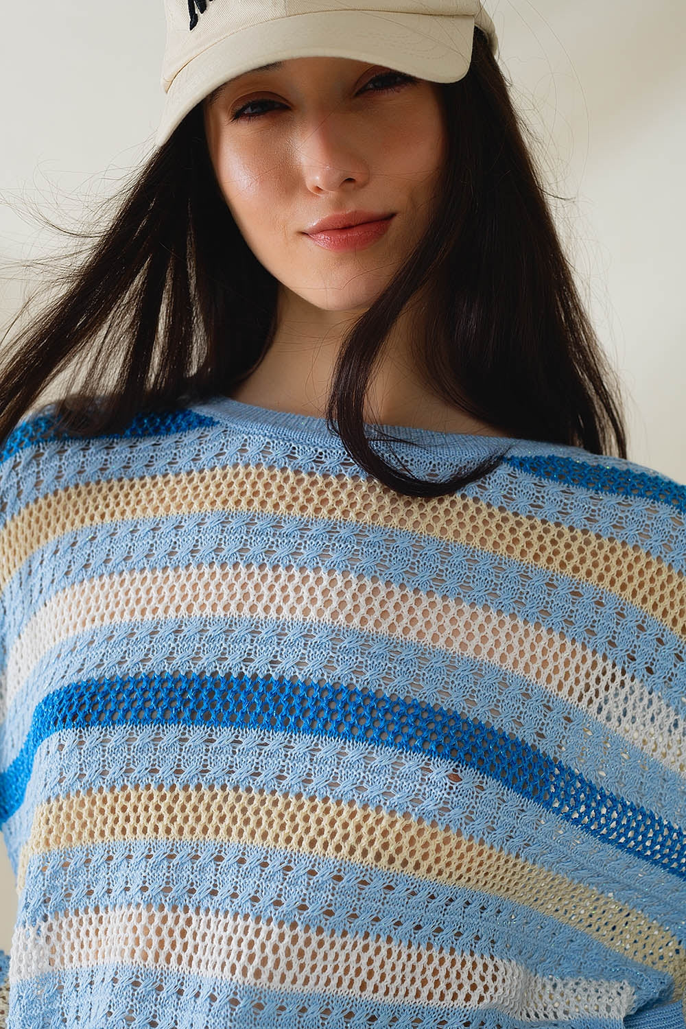 Long Sleeve Blue Multicolored Sweater With Boat Neck