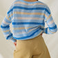 Long Sleeve Blue Multicolored Sweater With Boat Neck