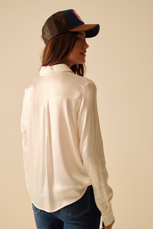 Long Sleeve Button Up satin Blouse With Polo Collar In white color