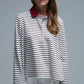 Q2 Long Sleeve Relaxed Striped Polo Sweater in White and Brown