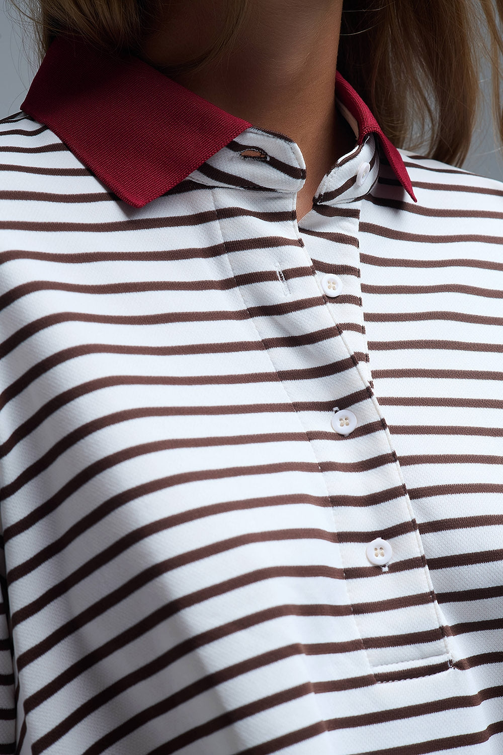 Long Sleeve Relaxed Striped Polo Sweater in White and Brown