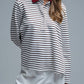 Long Sleeve Relaxed Striped Polo Sweater in White and Brown