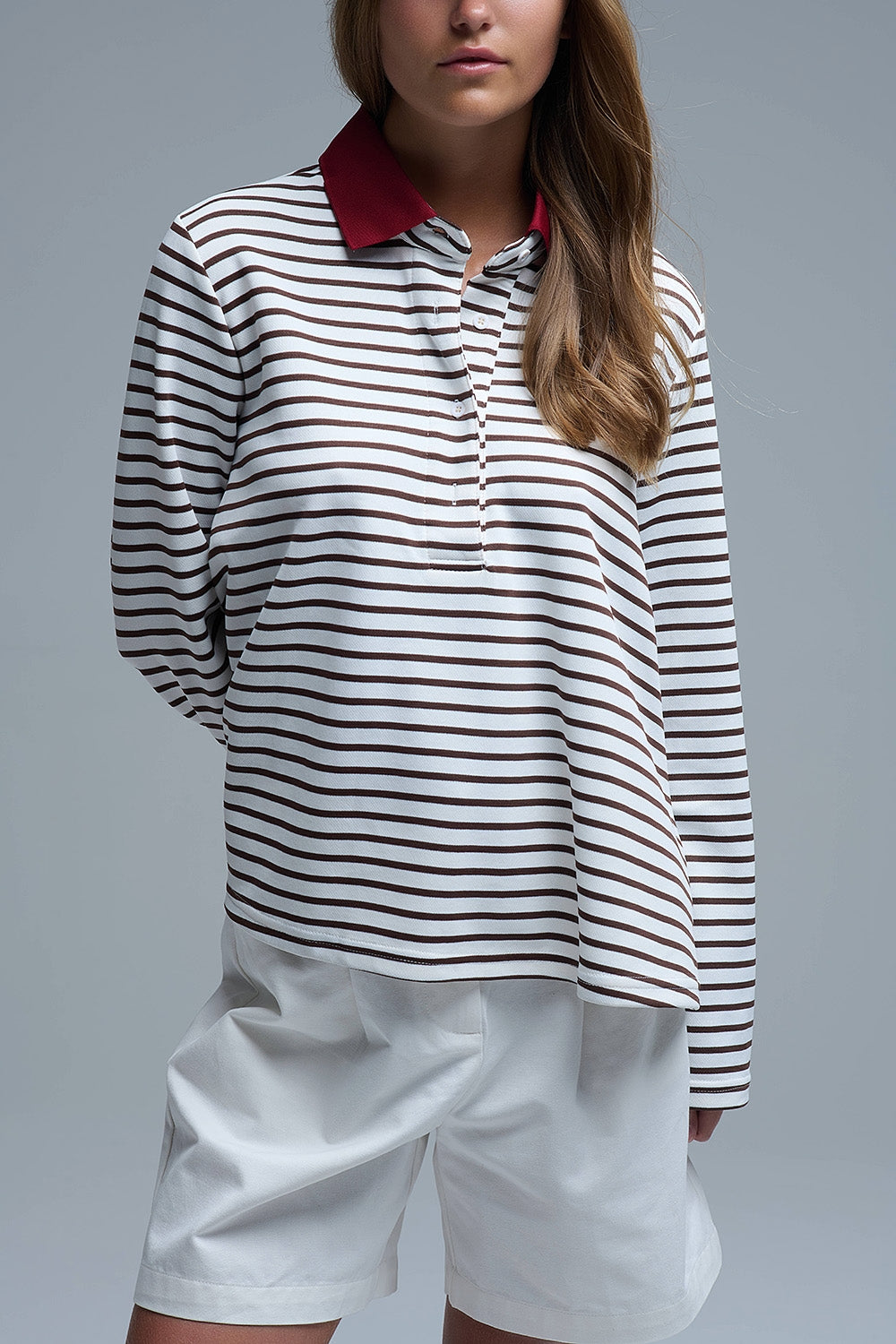 Long Sleeve Relaxed Striped Polo Sweater in White and Brown