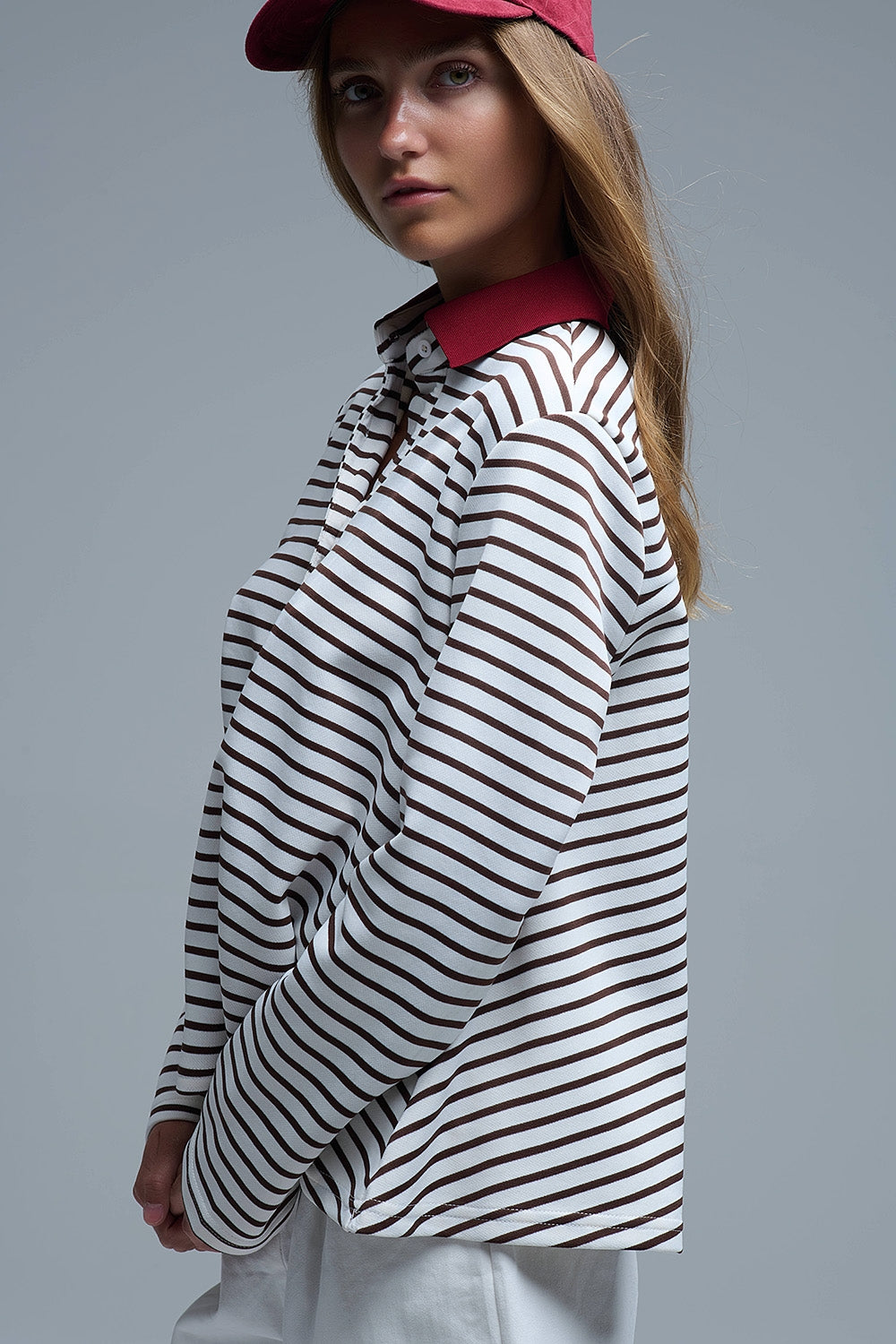 Long Sleeve Relaxed Striped Polo Sweater in White and Brown