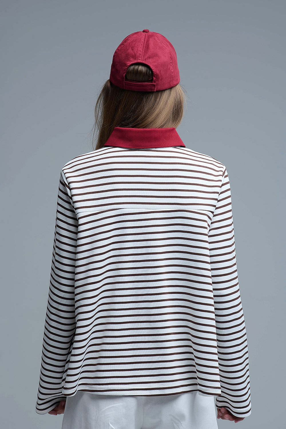 Long Sleeve Relaxed Striped Polo Sweater in White and Brown