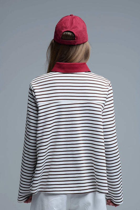 Long Sleeve Relaxed Striped Polo Sweater in White and Brown