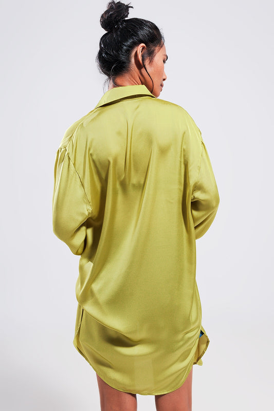 Long sleeve satin button front shirt in green