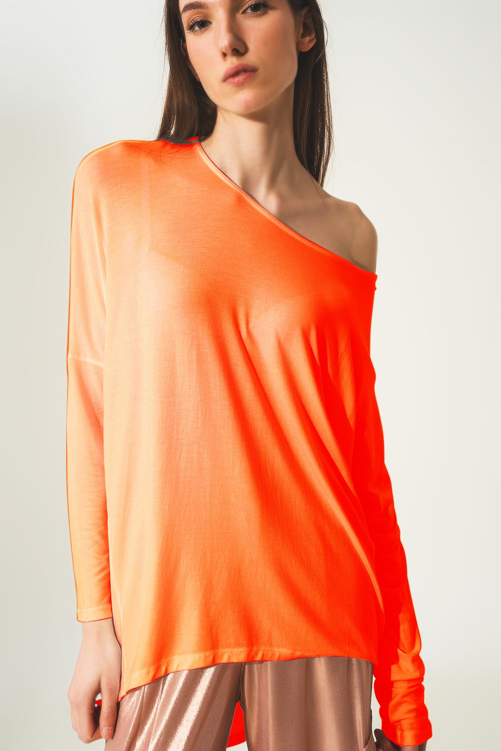 Q2 Long sleeve top in hot orange modal