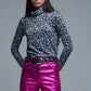 Q2 Long Sleeve Turtleneck Top in Grey Leopard Print