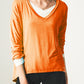 Q2 Long sleeve v neck top in modal in Orange