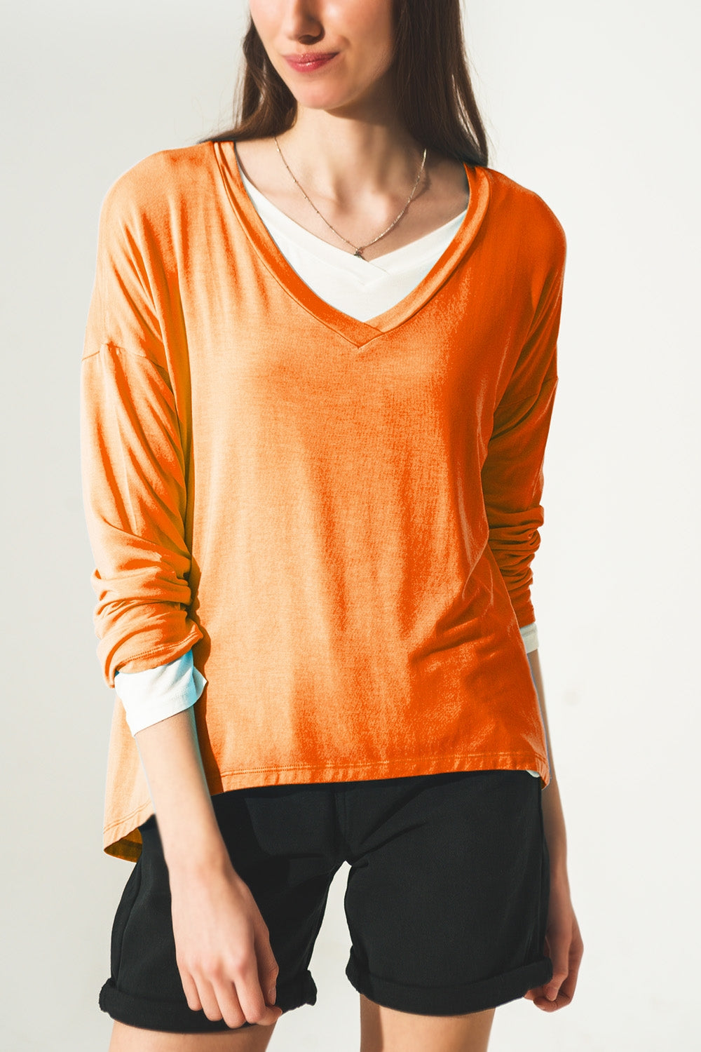 Q2 Long sleeve v neck top in modal in Orange