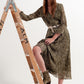 Q2 Long sleeve wrap front chiffon dress with belt in shiny print