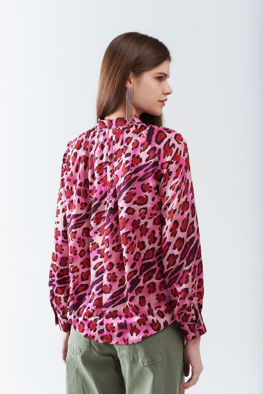 Long Sleeved Blouse In Trendy Fuchsia Leopard Print