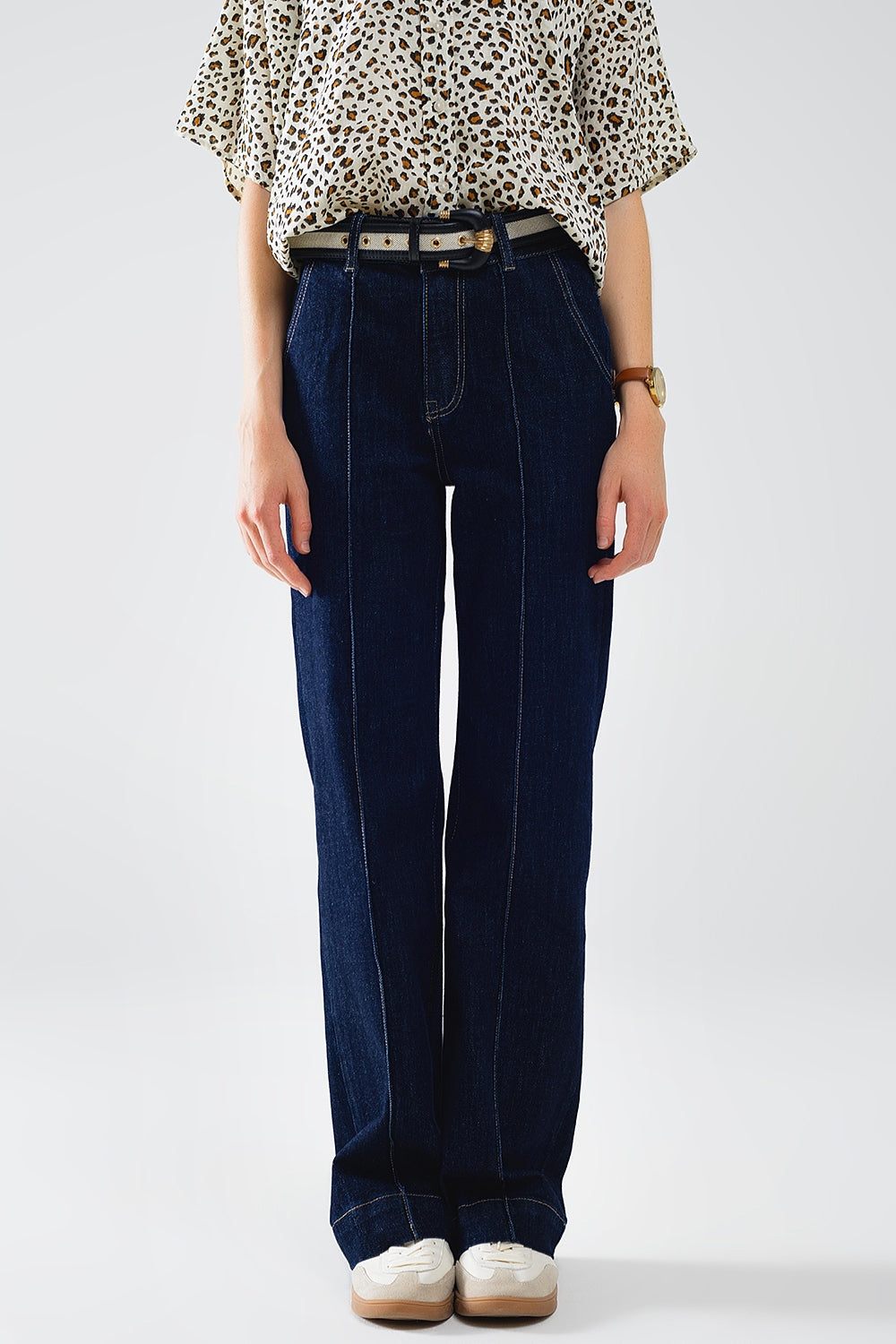 Q2 Long Straight Dark Blue Jeans With Contrast Stitching