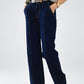 Long Straight Dark Blue Jeans With Contrast Stitching