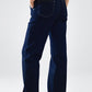 Long Straight Dark Blue Jeans With Contrast Stitching