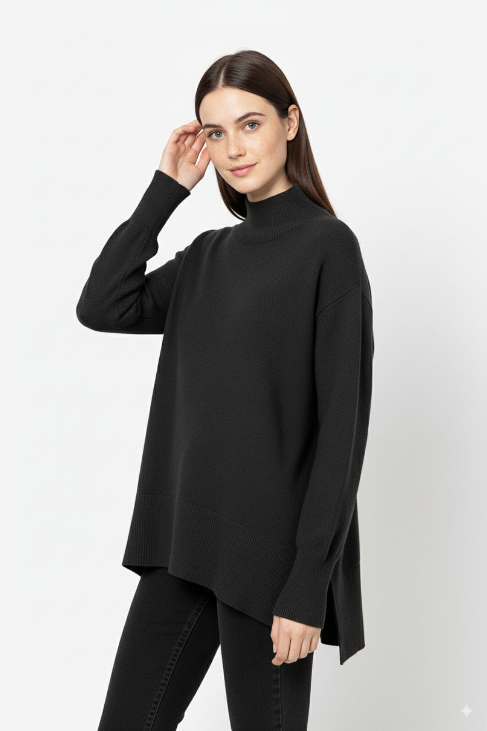 Loose black sweater with open back detail