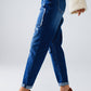 Loose blue jeans with subtle ripped design and patches