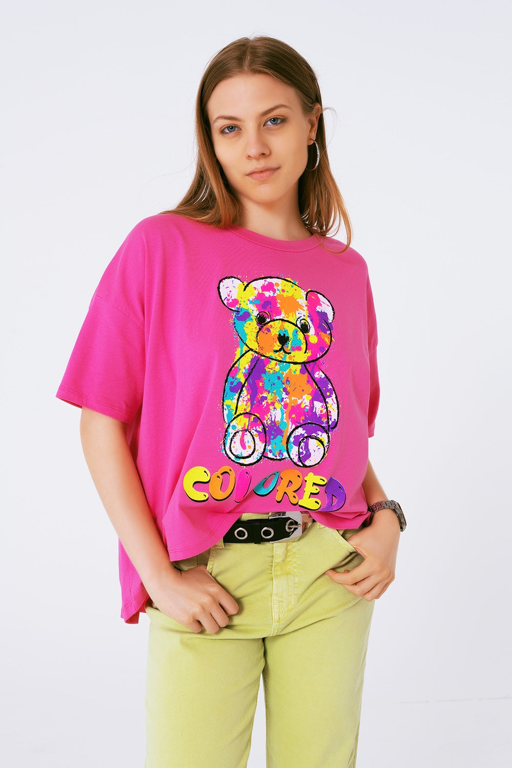 Q2 loose-fitting fuchsia T-shirt with colored bear