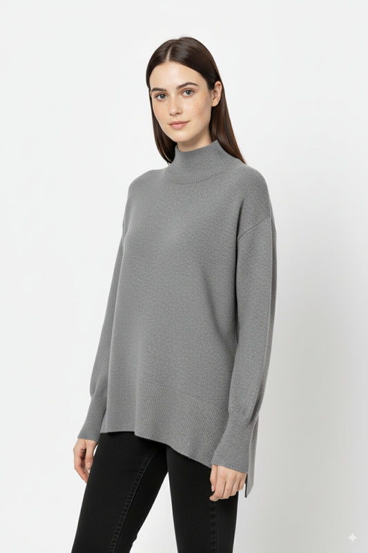 Loose gray sweater with open back detail