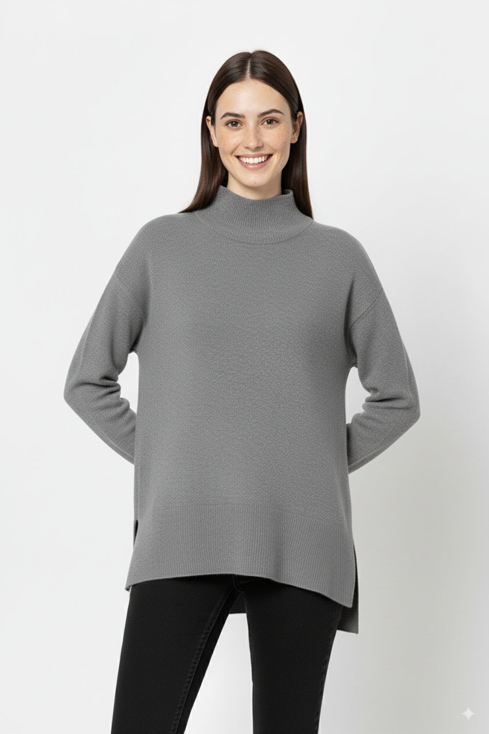 Loose gray sweater with open back detail