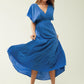 Q2 loose maxi blue dress sith golden details