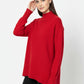 Loose red sweater with open back detail