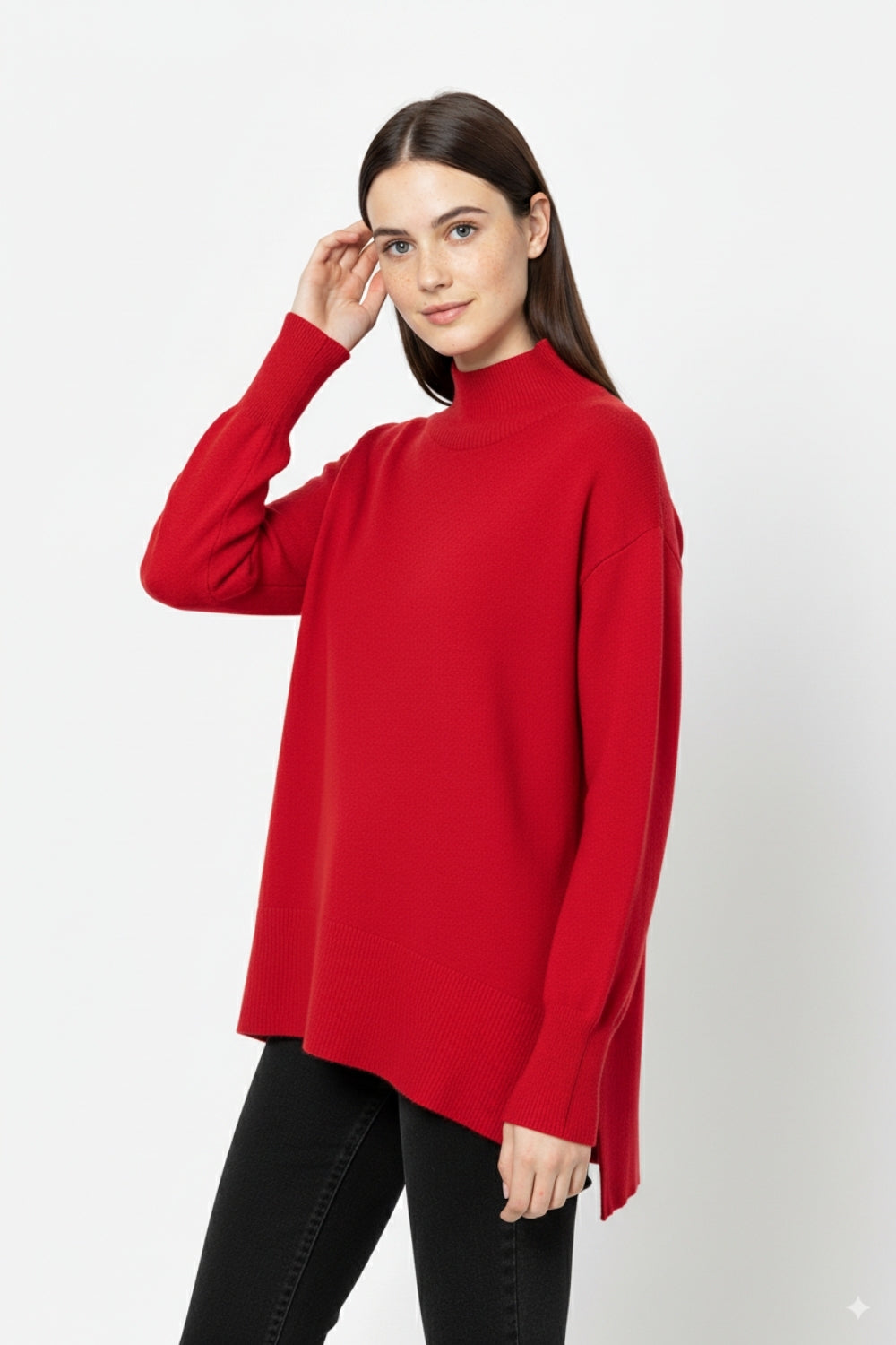 Loose red sweater with open back detail