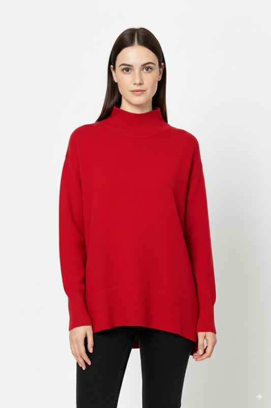 Loose red sweater with open back detail