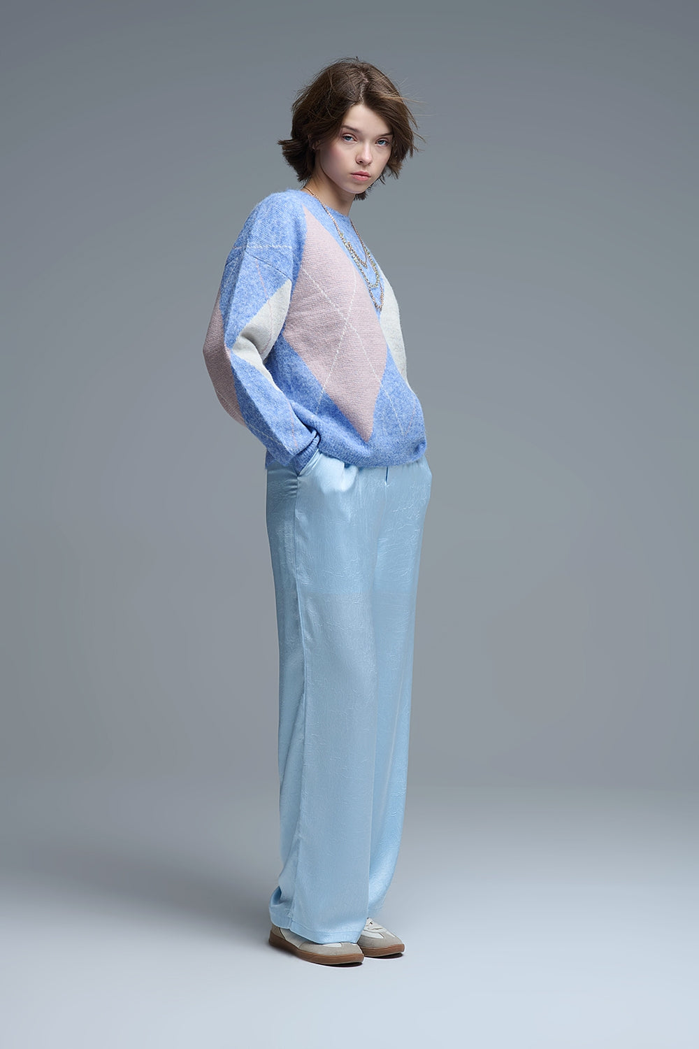 loose sweater in sky blue with diamond patterns