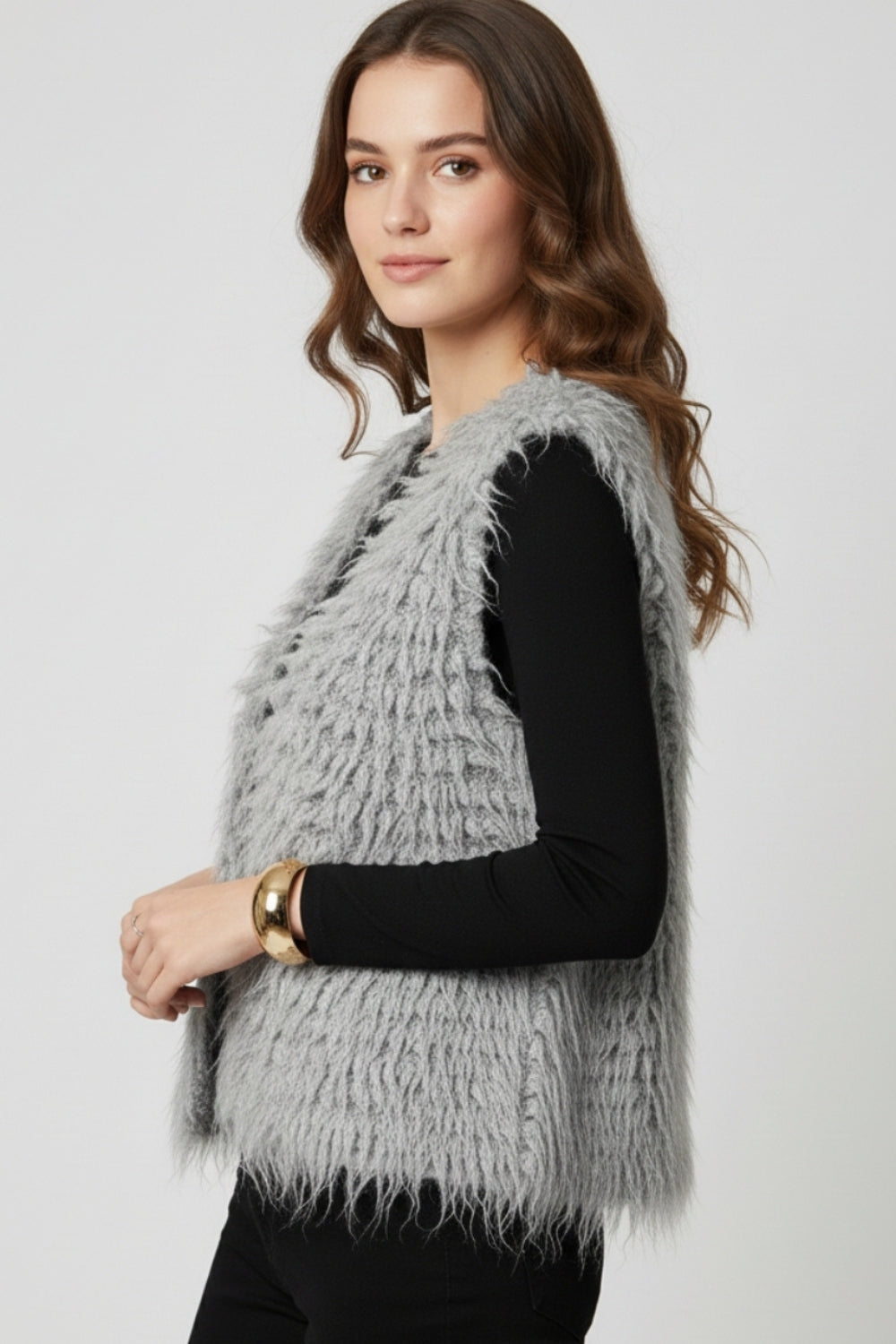 Luxurious vest with grey long-haired texture