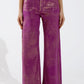 Q2 Magenta Wide Leg Jeans With Metallic Finish In Gold