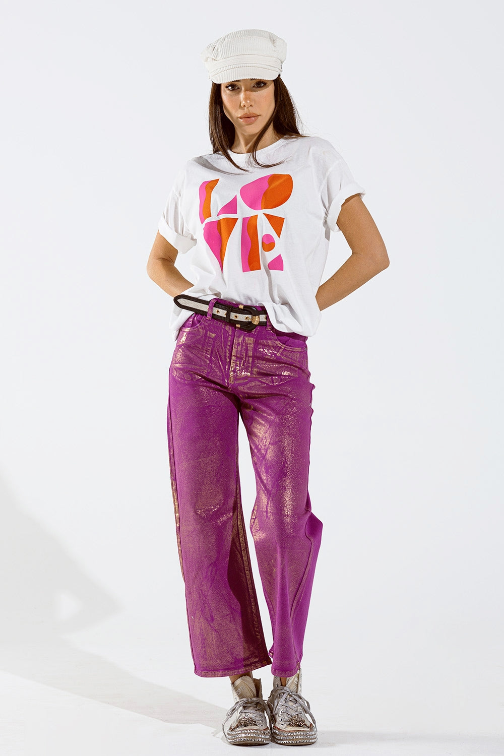 Magenta Wide Leg Jeans With Metallic Finish In Gold