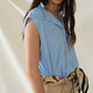 Q2 Mao Collar Sleeveless Blue Button up Blouse