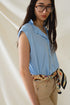 Q2 Mao Collar Sleeveless Blue Button up Blouse