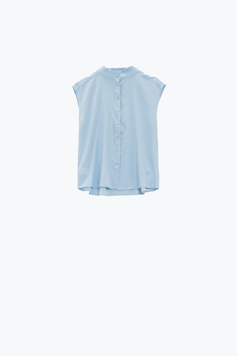 Blusa azul con botones y cuello mao sin mangas