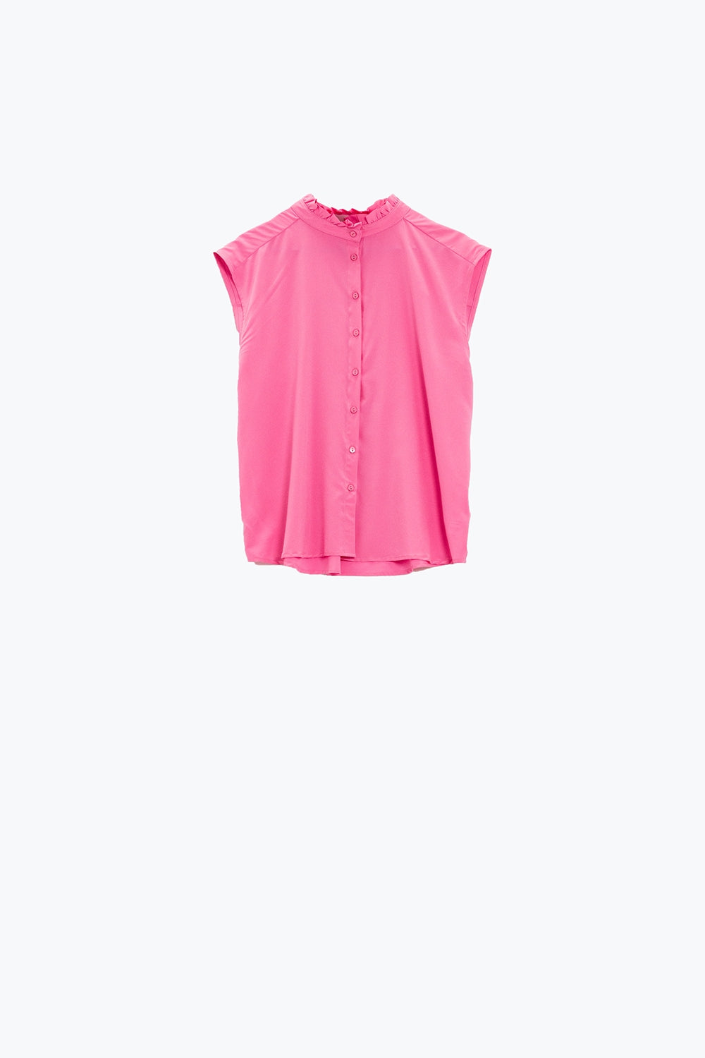 Blusa rosa con botones y sin mangas y cuello mao