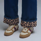 Marine Style Jeans With Contrasting Leopard Folded Hem