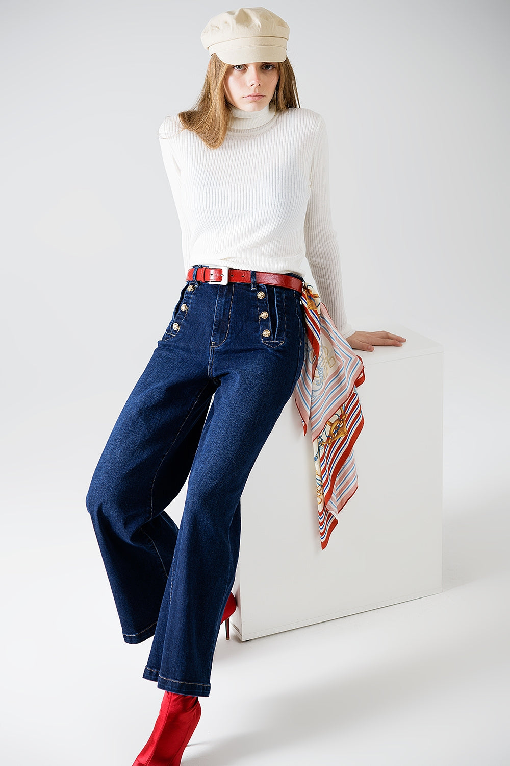 Marine-style Wide Leg Jeans With Gold Buttons