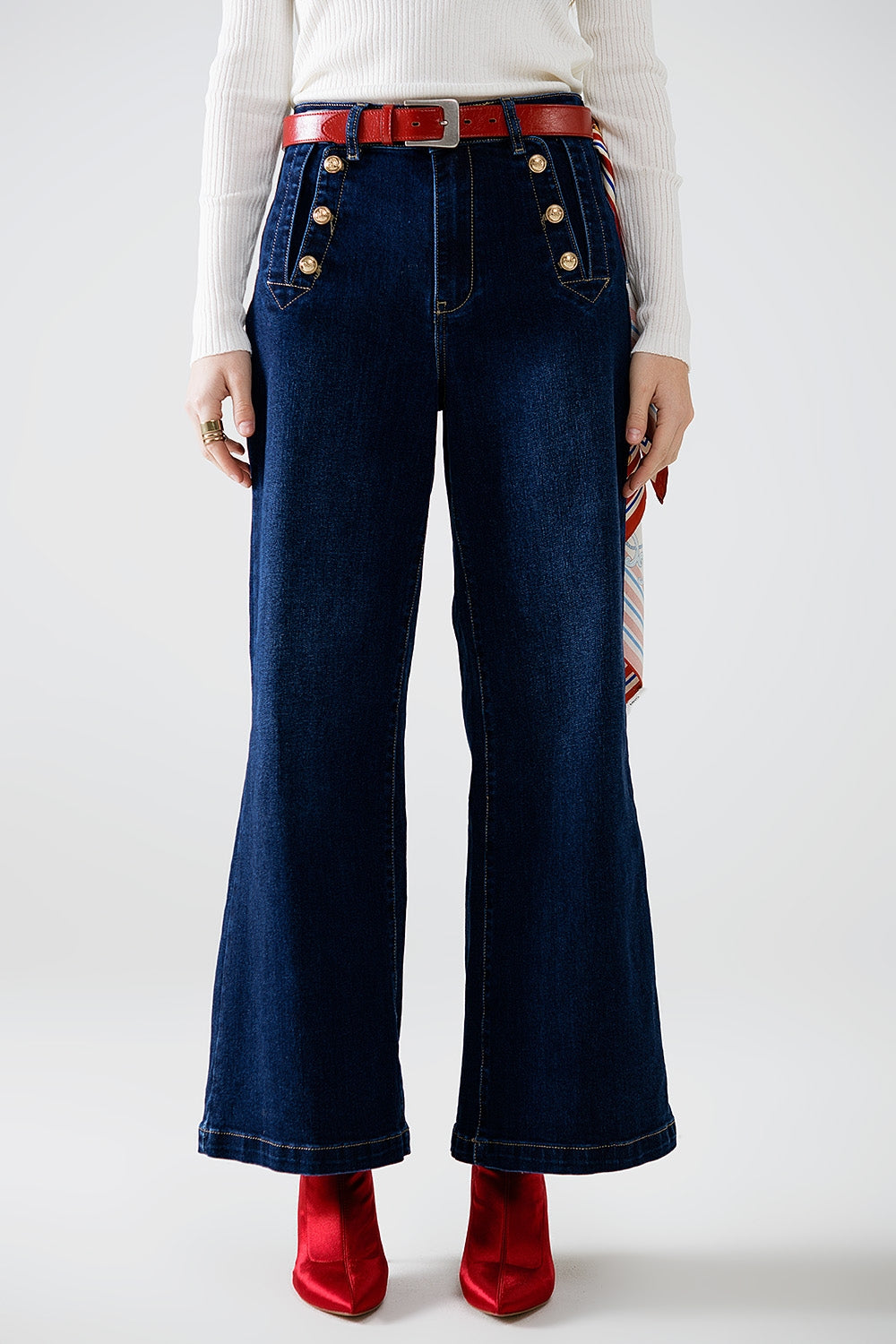 Q2 Marine-style Wide Leg Jeans With Gold Buttons