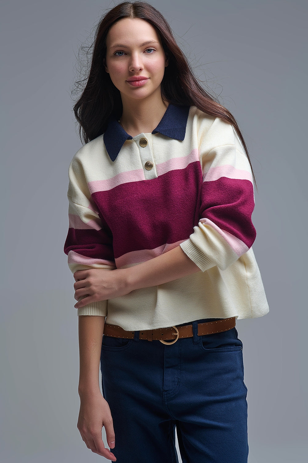 Q2 Maroon Striped Knit Sweater with Button Details