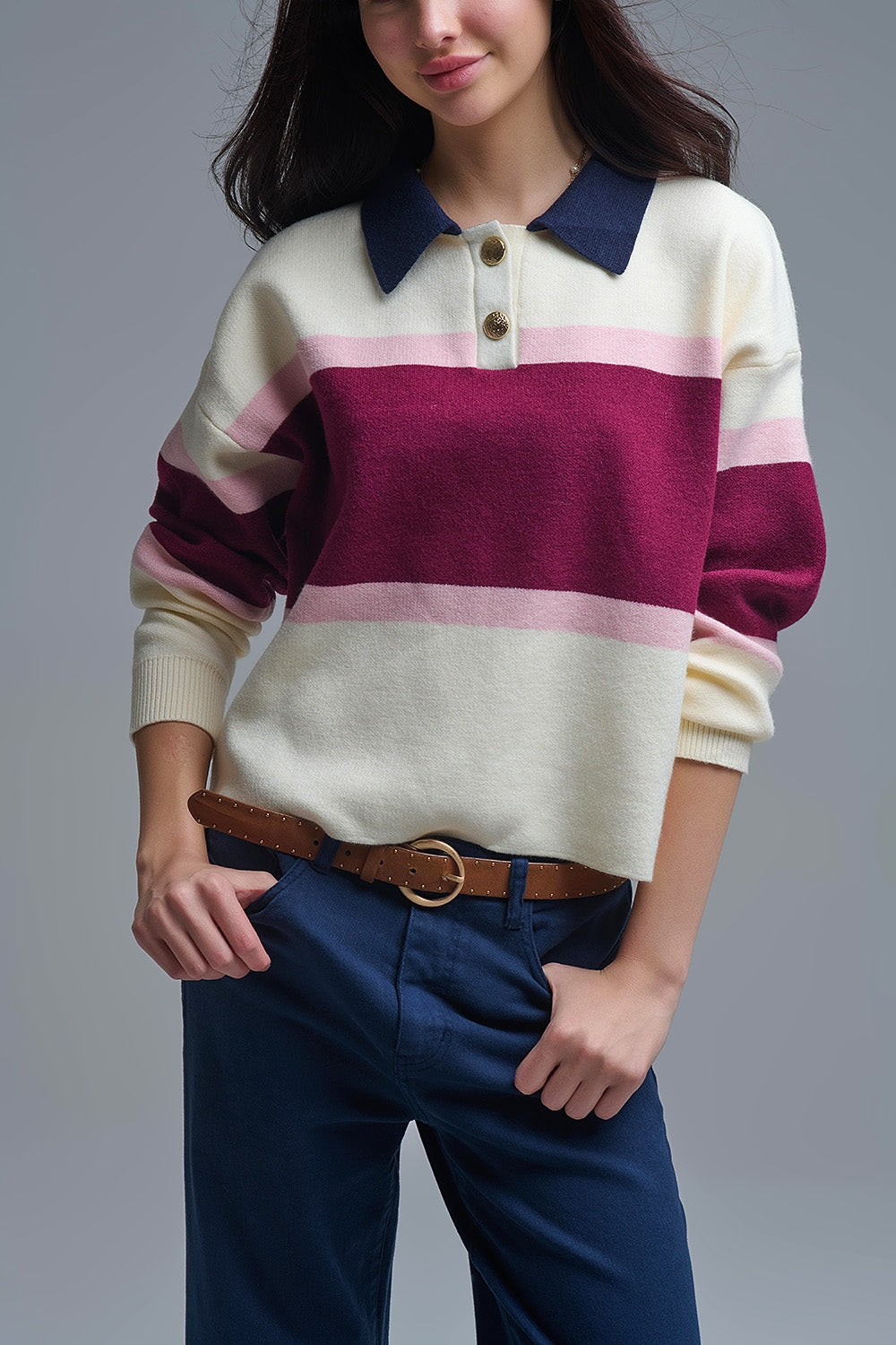Maroon Striped Knit Sweater with Button Details