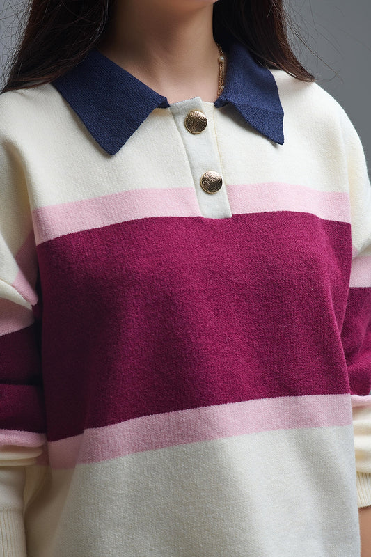Maroon Striped Knit Sweater with Button Details