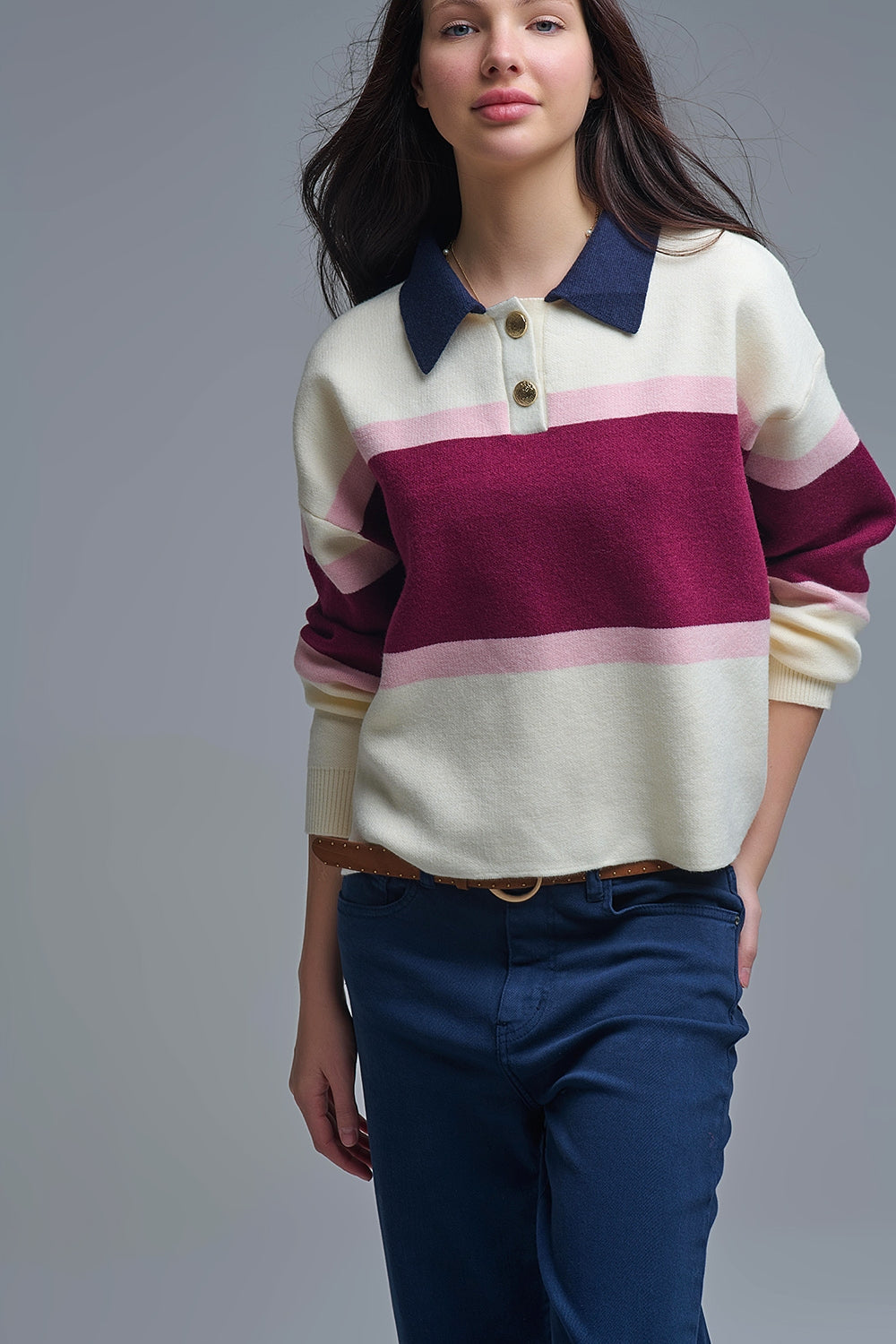 Maroon Striped Knit Sweater with Button Details
