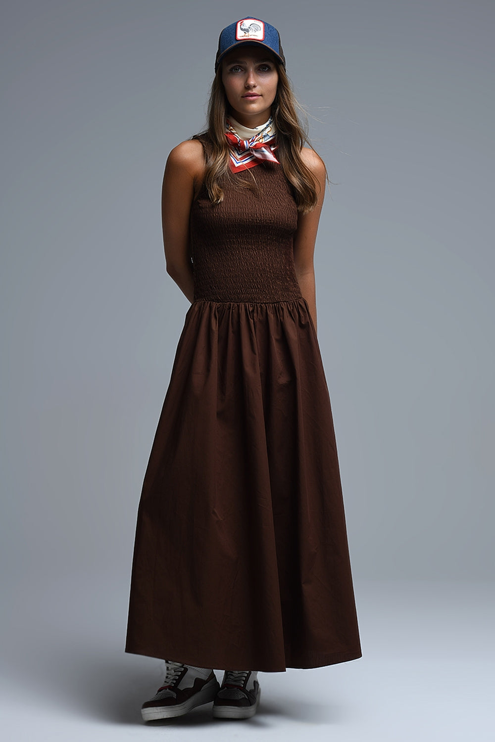 Q2 Maxi Brown Smocked Poplin Dress