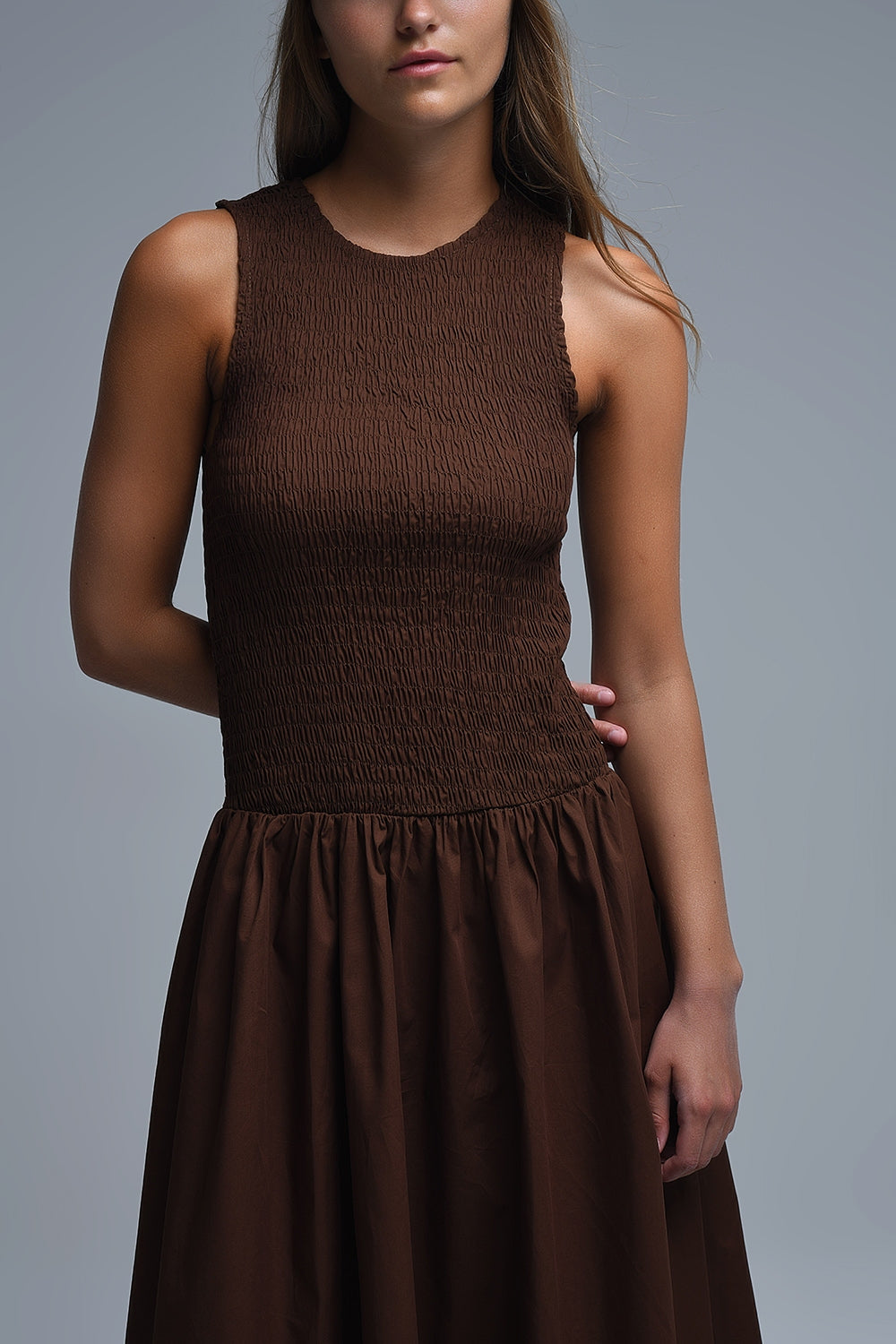 Maxi Brown Smocked Poplin Dress