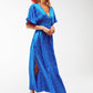 Maxi Cinched At The Waist Dress With Angel Sleeves In Blue Polka Dot