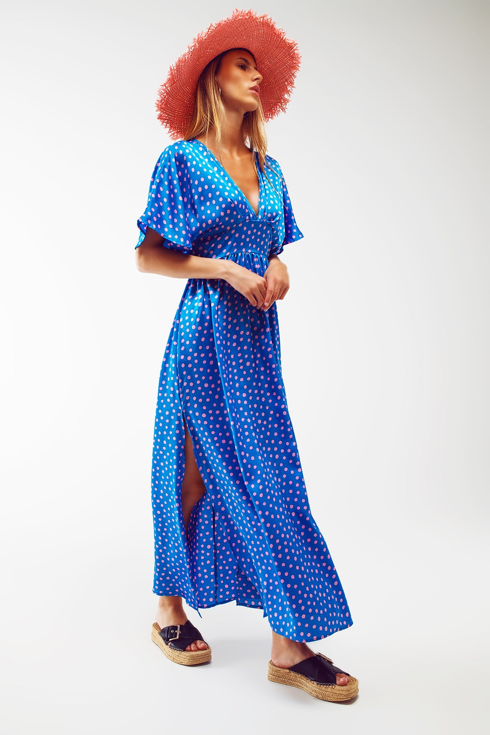 Maxi Cinched At The Waist Dress With Angel Sleeves In Blue Polka Dot